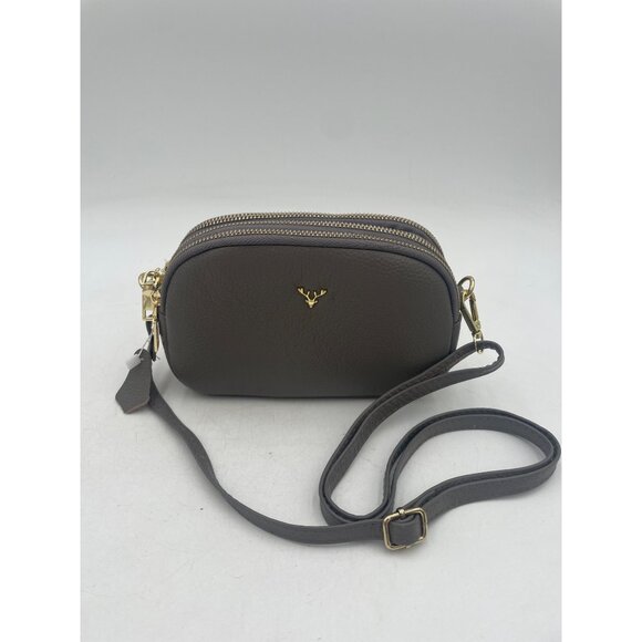 Brown Faux Leather Crossbody Bag With Gold Double Zippers Antler Logo 8x5 in - Picture 1 of 12